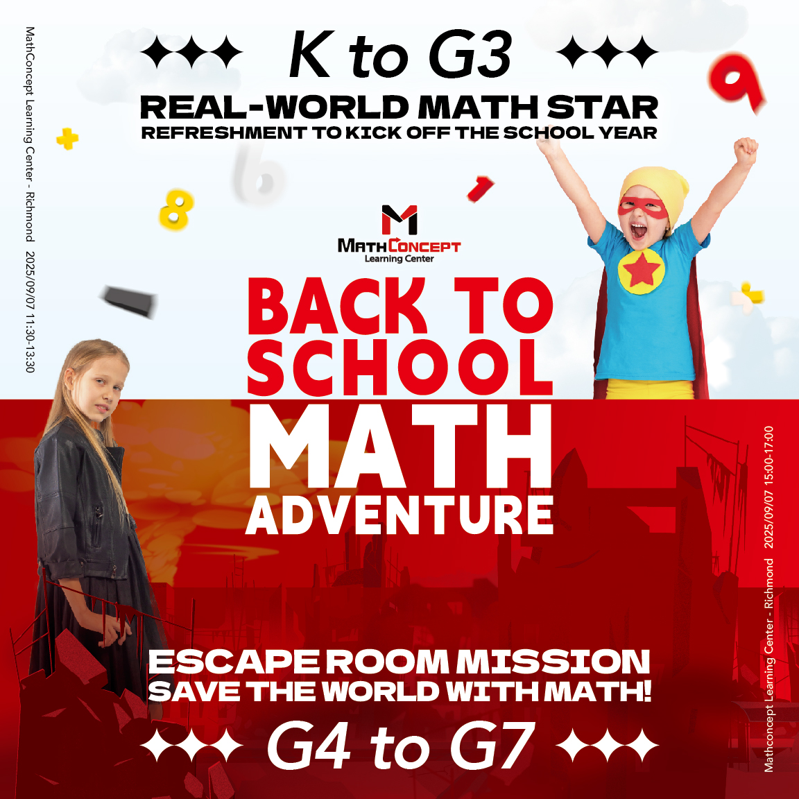 Back to School Math Adventure 2025 event poster – free math games, escape room challenge, and confidence-boosting fun for kids K–7 in Richmond