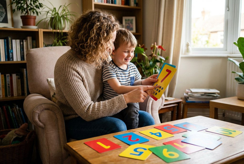 Parent helping a 5-year-old practise counting with number cards at home