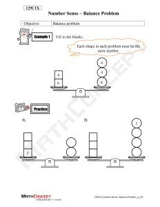 Balance scale with left side two stacked squares labeled 6; right side four circles labeled 4; balance the weights.