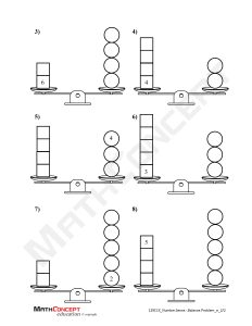 Diagram of multiple balance scales showing different vertical stacks of squares and circles used for a math balancing activity, with scales labeled by numbers (3–8) across the page.